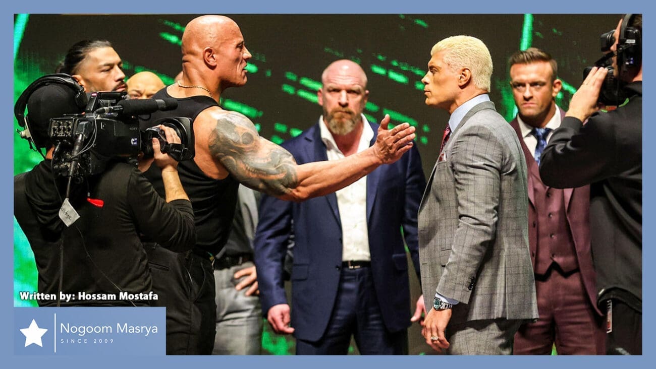 The Rock slaps Cody Rhodes in the face during the WrestleMania 40 press conference