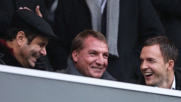 LONDON، ENGLAND - OCTOBER 21: Brendan Rodgers manager of Liverpool (C) looks on prior to the Barclays Premier League match between Queens Park Rangers and Everton at Loftus Road on October 21، 2012 in London، England. (Photo by Scott Heavey/Getty Images)
