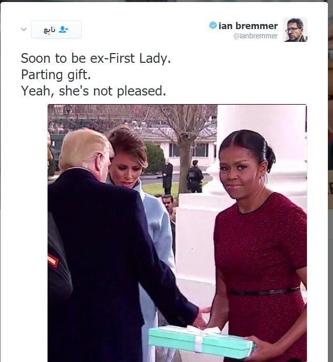 هدية زوجة ترامب لزوجة باراك أوباما لحظة استقبالها امام البيت الأبيض