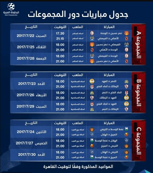 جدول مباريات البطولة العربية للاندية 2017