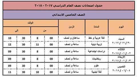 جدول امتحانات الفصل الدراسي الأول لمحافظة الإسكندرية للمرحلة الإبتدائية