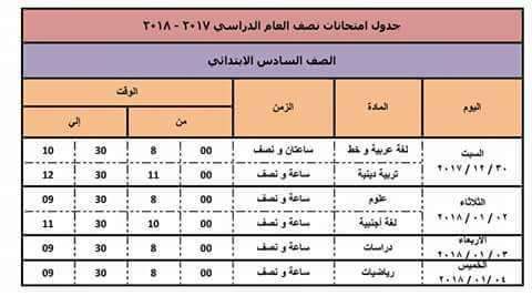 جدول امتحانات الفصل الدراسي الأول لمحافظة الإسكندرية للمرحلة الإبتدائية