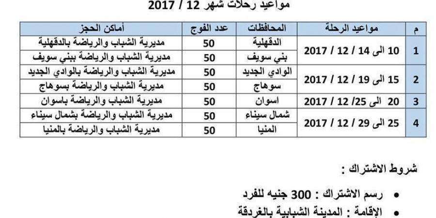 مواعيد رحلات وزارة الشباب لشهر ديسمبر 2017 واماكن الحجز