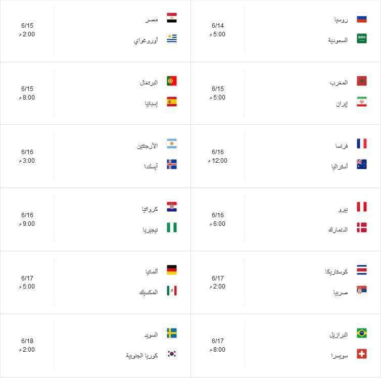 جدول مباريات كأس العالم 2018 دور المجموعات 
