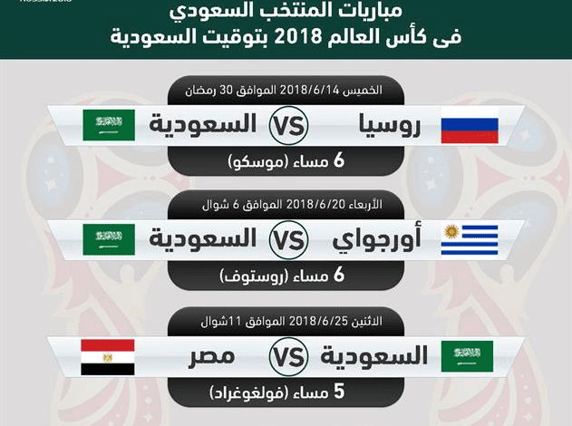 مباريات السعودية في كأس العالم 2018 ومواعيدها بتوقيت السعودية
