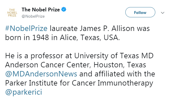 إعلان جائزة نوبل للطب 2018
