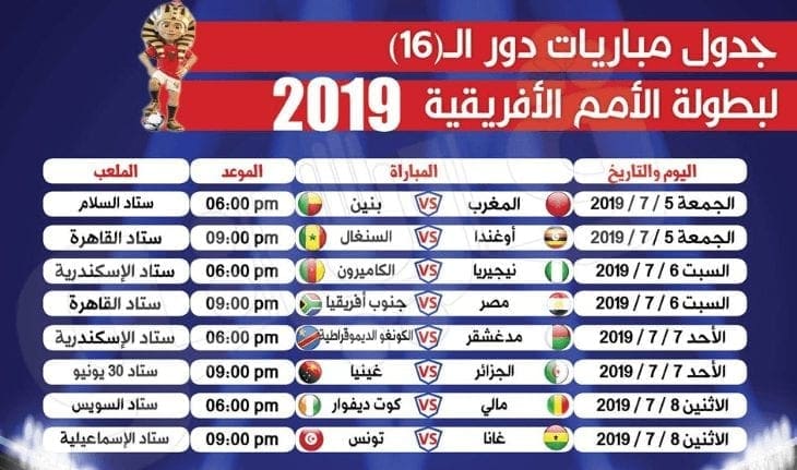 مواعيد المباريات والفرق المتأهلة لدور 16 كأس ألآمم ألآفريقية 2019