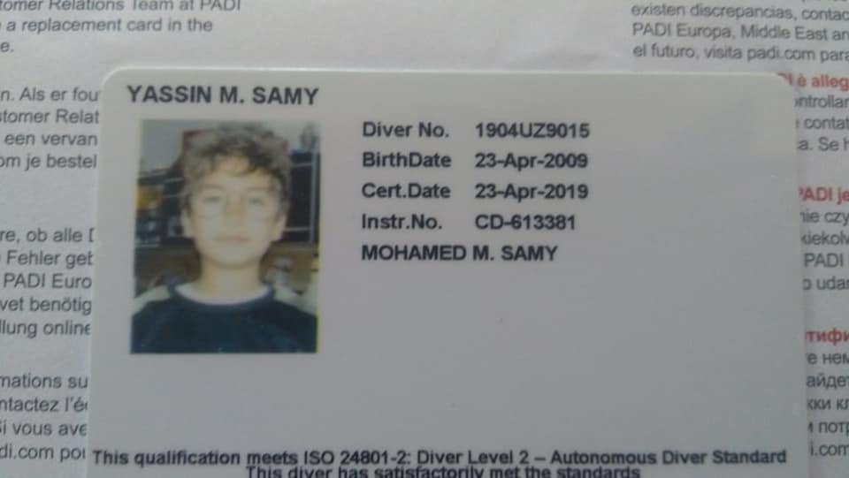رخصة سامي للغطس المعتمدة من مؤسسة "بي ا د اي " الدولية للغطس 