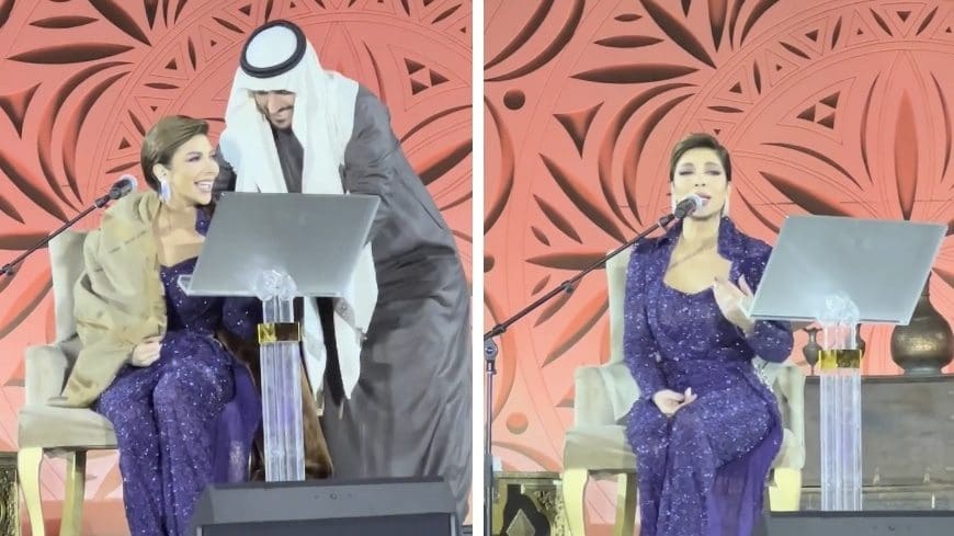 بالفيديو| "في لقطة رومانسية".. فائق حسن يخلع عباءته ويعطيها لأصالة على المسرح لتدفئتها
