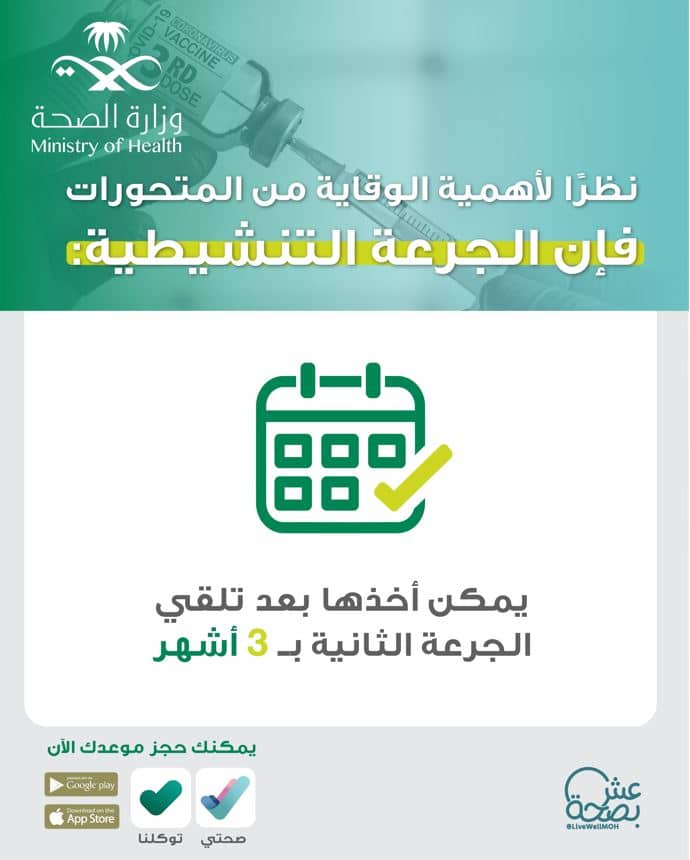 الصحة السعودية تنوه عن موعد جديد لتلقي الجرعة التنشيطية 1 20/12/2021 - 5:08 م