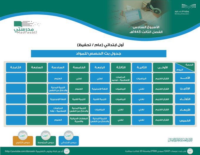 التعليم السعودي ينشر جداول دروس الحصص اليومية عبر قنوات العين ومنصة مدرستي