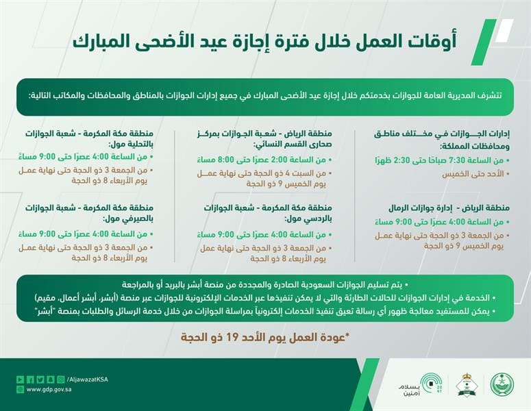 الجوازات السعودية تنشر تفاصيل الدوام في عيد الأضحى 2022