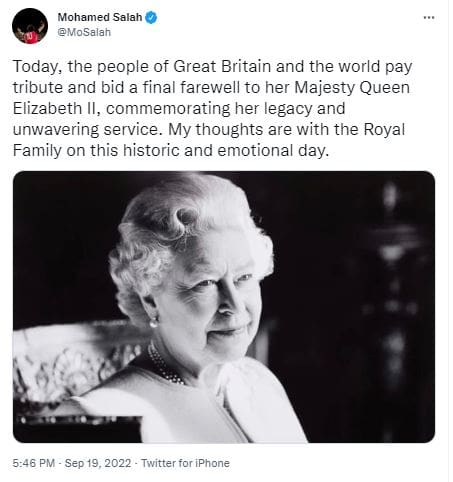 صلاح يرثي الملكة إليزابيث ويوجه رسالة للعائلة المالكة