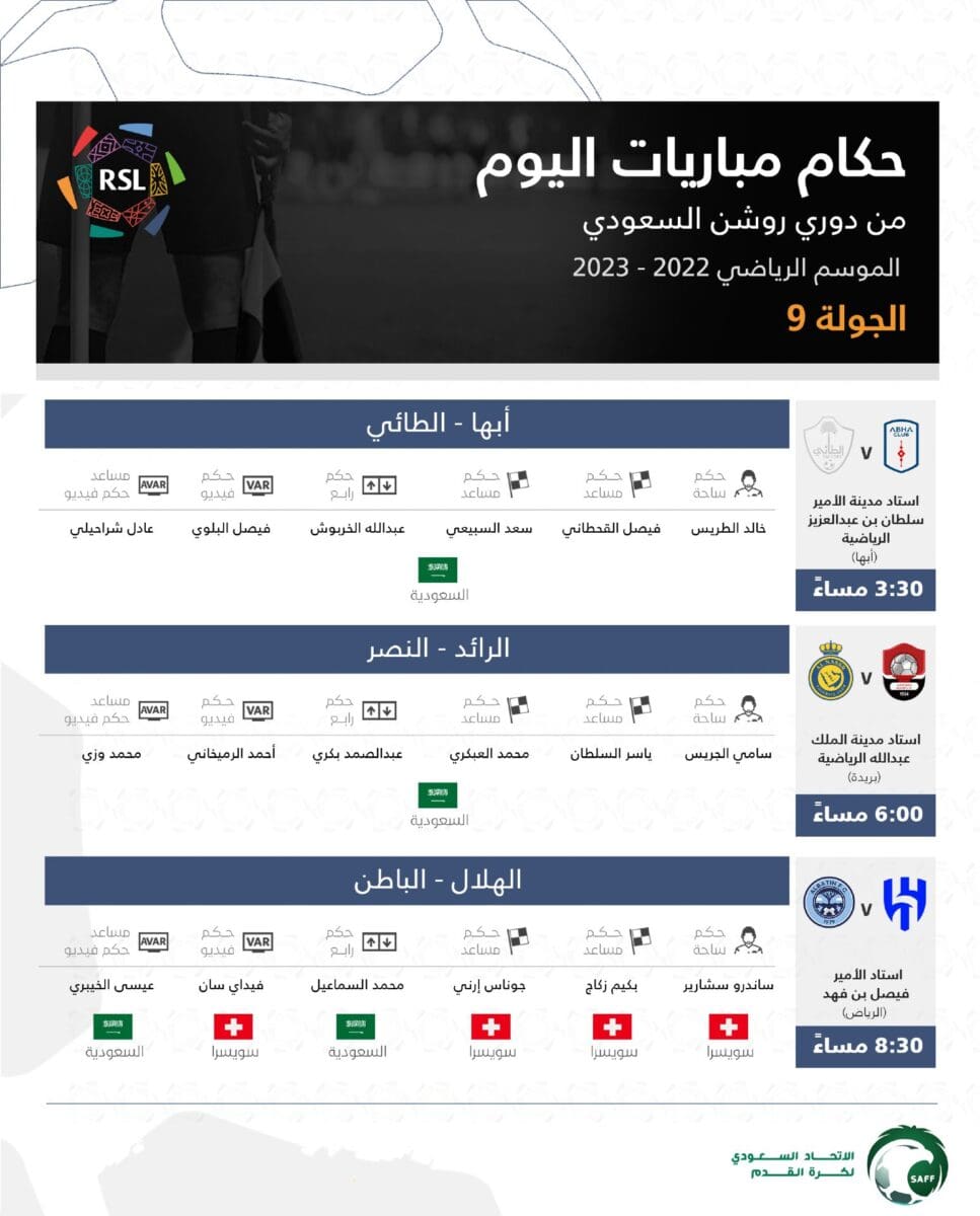 حكام مباريات اليوم الأخير في الجولة التاسعة من الدوري السعودي للمحترفين 2022_2023