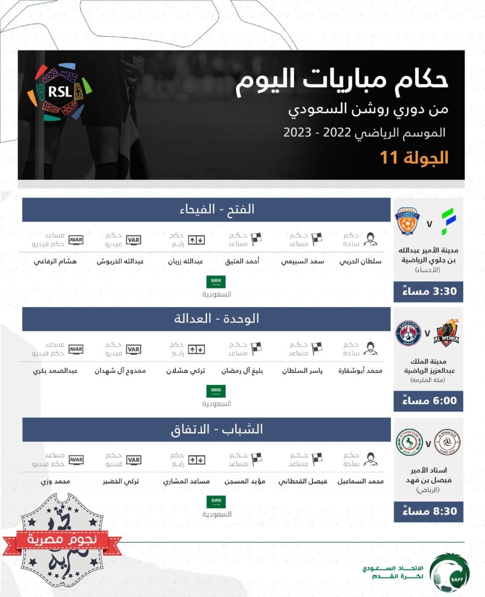 حكام مباريات اليوم الأول في الجولة 11 من الدوري السعودي للمحترفين موسم 2022_2023
