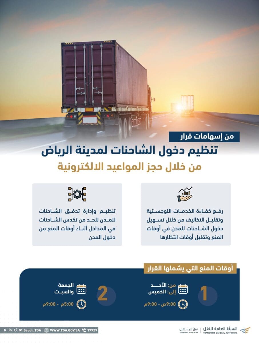 ابتداءً من الغد ... منع الشاحنات من دخول الرياض دون حجز مسبق عبر الإنترنت من خلال هذه الخطوات 1 1/16/2023 - 5:11 مساءً