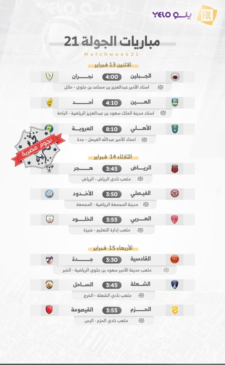 جدول مباريات الجولة 21 في دوري يلو الدرجة الأولى السعودي 2023