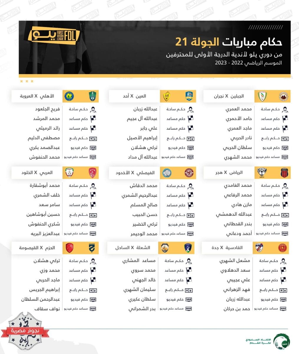 طاقم تحكيم مباريات الجولة 21 من الدوري السعودي الدرجة الأولى 2023