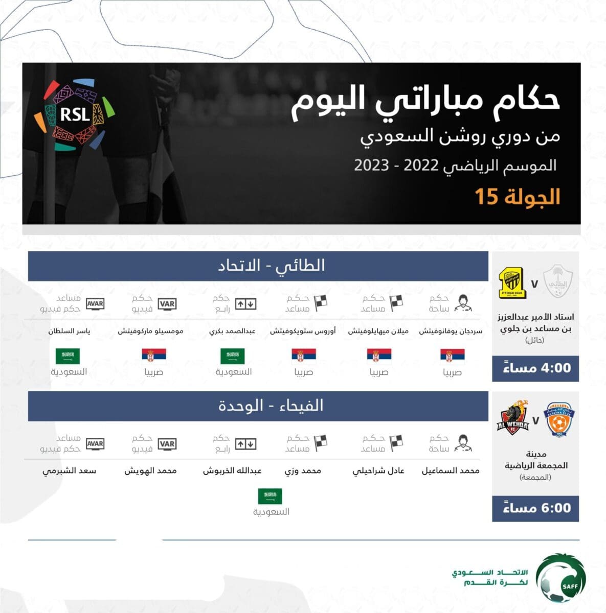 طاقم تحكيم مباريات اليوم الأخير عن الجولة 15 في الدوري السعودي 2023
