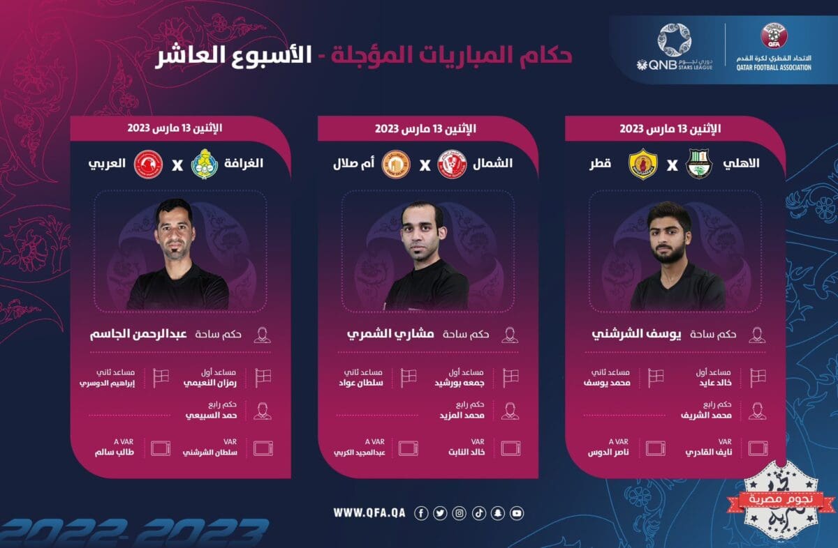 طاقم تحكيم مباريات الجولة 10 المؤجلة من دوري نجوم قطر