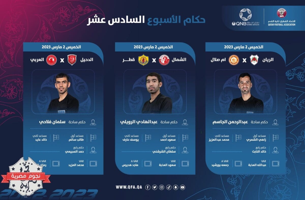 طاقم تحكيم مباريات اليوم الخميس من الجولة 16 من الدوري القطري 2023 (دوري نجوم قطر)