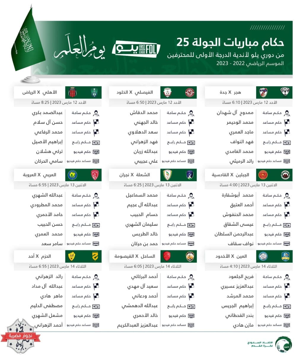 طاقم تحكيم مباريات الجولة 25 من الدوري السعودي الدرجة الأولى 2023 (دوري يلو)