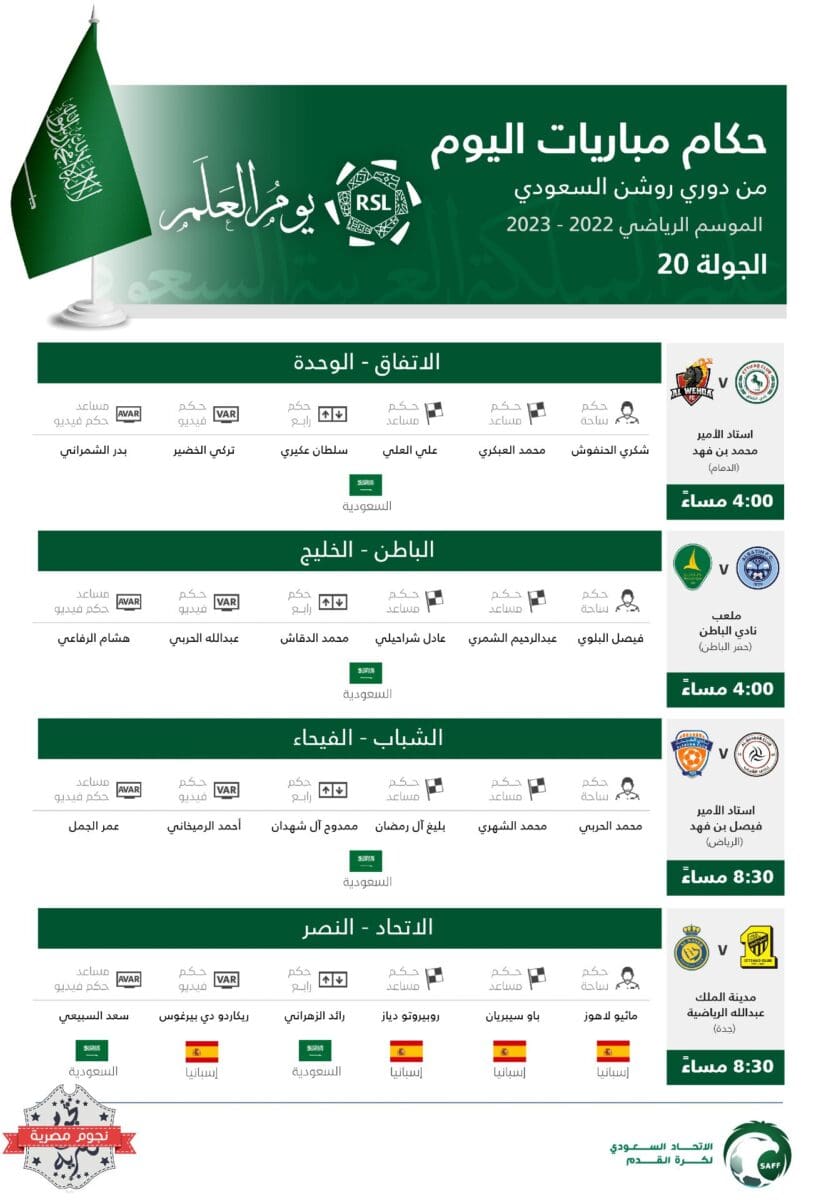 طاقم تحكيم مباريات اليوم الأول عن الجولة 20 (جولة يوم العلم السعودي) في الدوري السعودي للمحترفين 2023