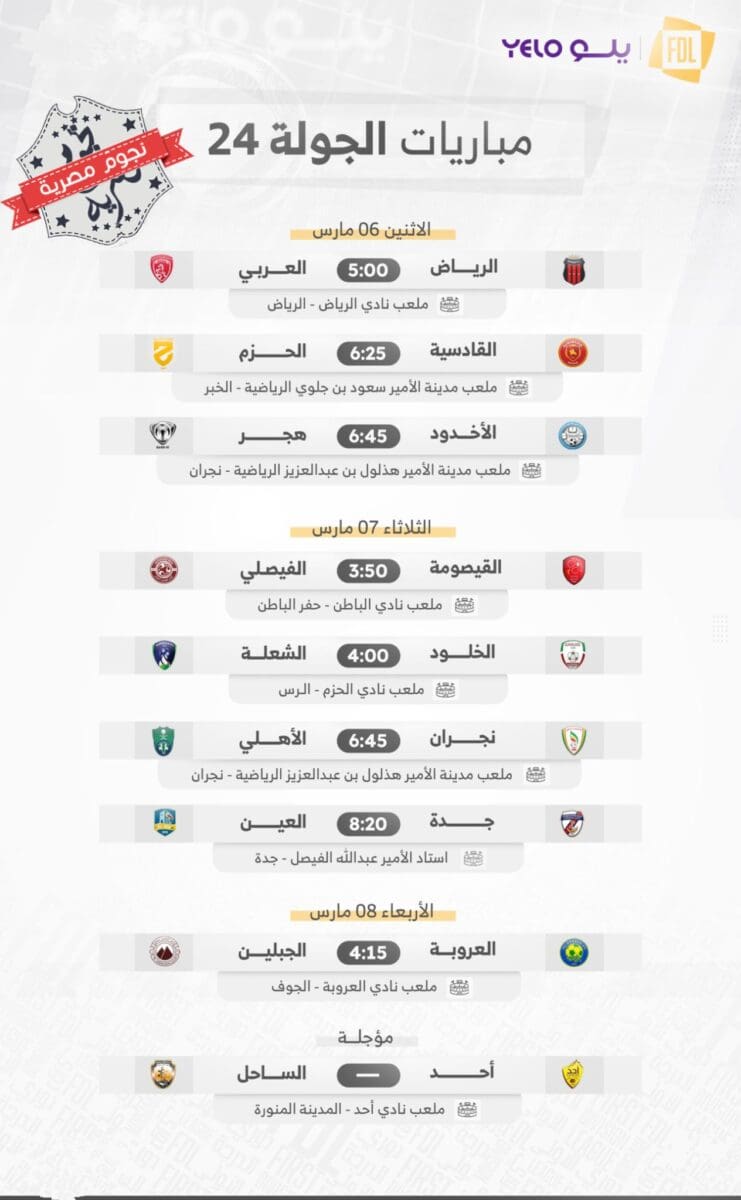 مباريات الجولة 24 في الدوري السعودي الدرجة الأولى (دوري يلو) 2023