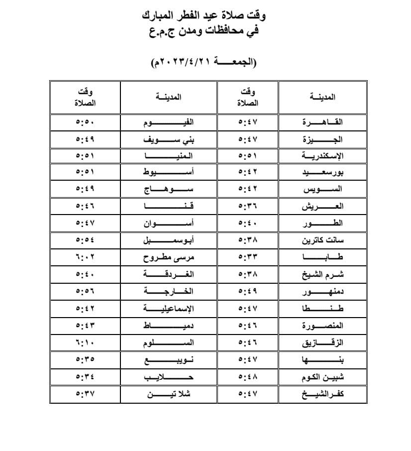 موعد صلاة عيد الفطر المبارك 2023 في مدن ومحافظات جمهورية مصر العربية 