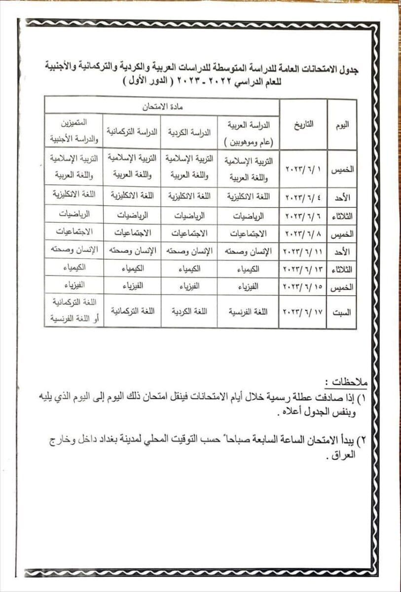 امتحانات الثالث المتوسط عراق