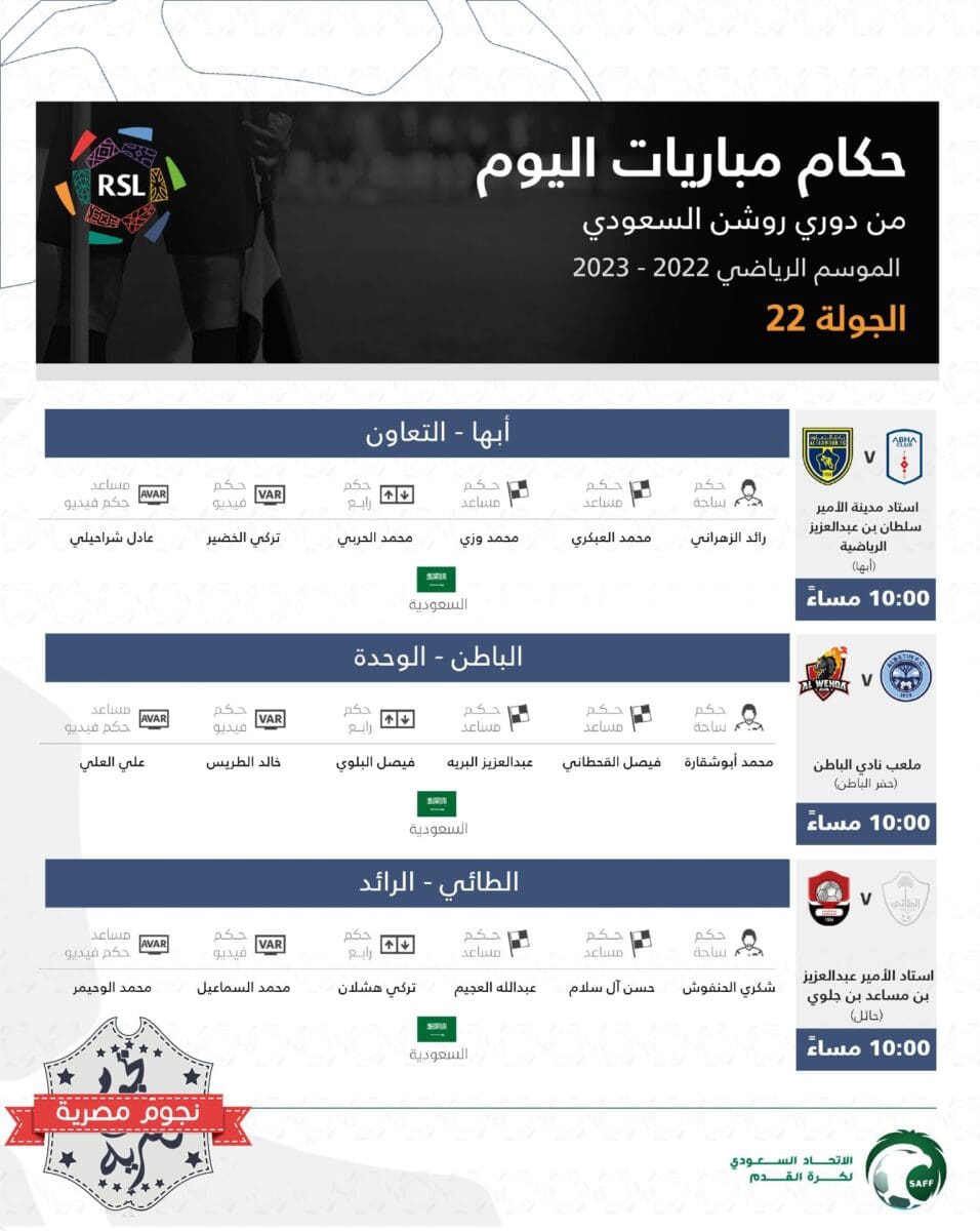 حكام مباريات اليوم الثاني (الأربعاء) في الجولة 22 من بطولة الدوري السعودي للمحترفين 2023 (دوري روشن)