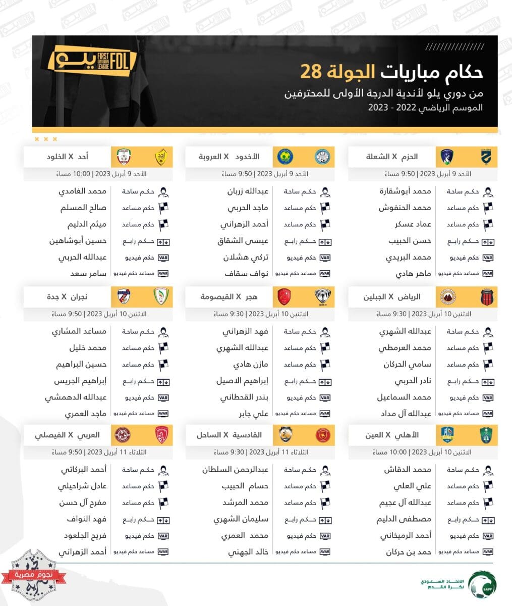 طاقم تحكيم مباريات الجولة 28 من الدوري السعودي الدرجة الأولى 2023 (دوري يلو)