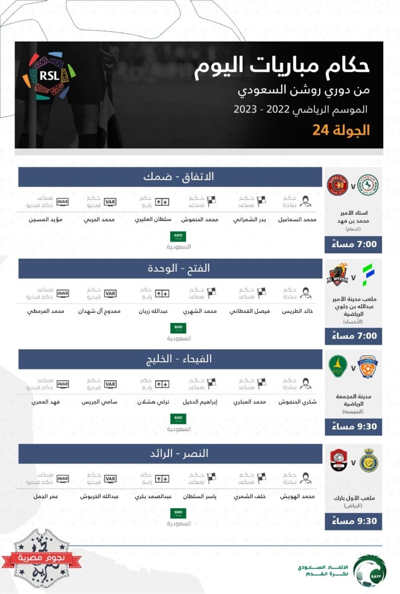 طاقم حكام مباريات اليوم الثاني والختامي عن الجولة 24 في دوري روشن السعودي للمحترفين