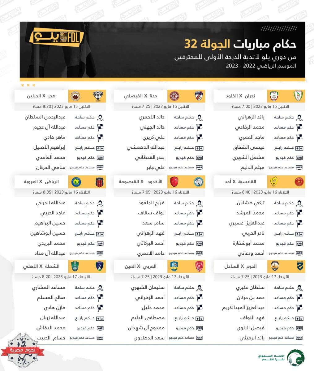 طاقم حكام مباريات الجولة 32 من دوري الدرجة الأولى السعودي 2023 (دوري يلو)