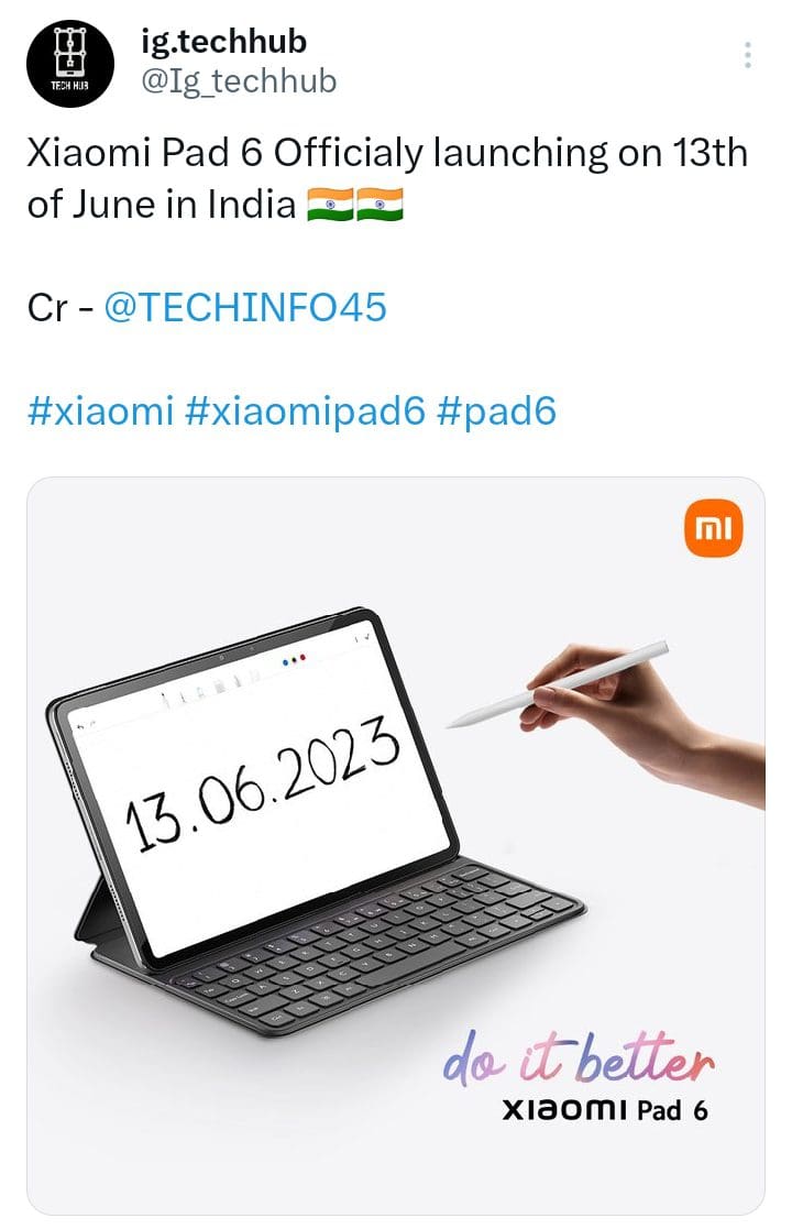 شاومي"Xiaomi" تكشف رسميًا عن موعد إطلاق جهاز Pad 6 في الهند