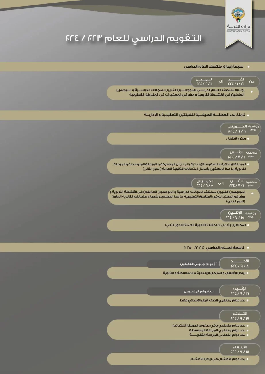 التقويم الدراسي للمراحل المتوسطة 2023 الكويت