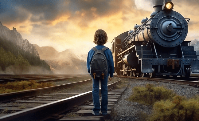 ولد صغير ينتظر القطار المتجه من الرياض الي القصيم ويستعد للانطلاق في الرحلة