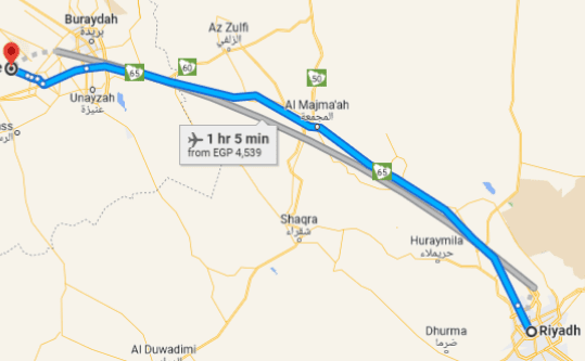 خريطة جوجل تصل بين مدينة الرياض والقصيم وتوضح المسافة بالكيلومتر والمدة المستغرقة للوصول بالسيارة والطائرة