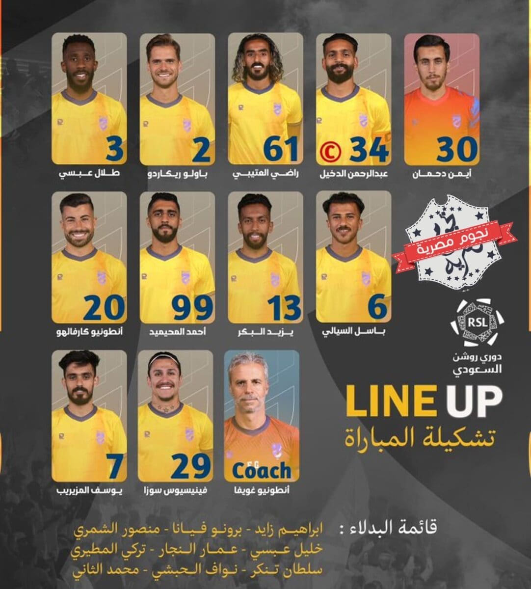 تشكيل نادي الحزم في مواجهة الاتفاق في الدوري السعودي (مصدر الصورة. الحساب الرسمي لنادي الحزم السعودي على تويتر)