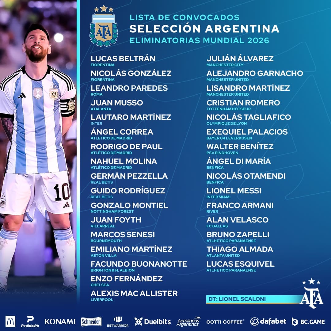 قائمة منتخب الأرجنتين لمباراتي الإكوادور وبوليفيا في تصفيات كأس العالم 2026 - مصدر الصورة: الحساب الرسمي للمنتخب الأرجنتيني على تويتر.