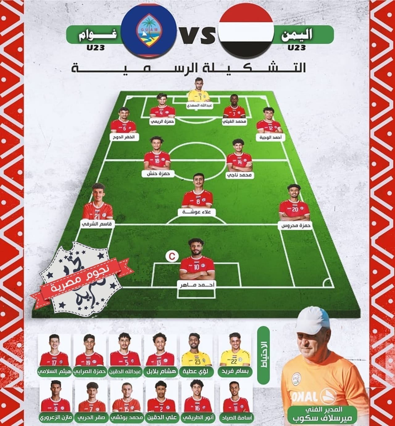 تشكيل المنتخب اليمني ضد غوام في تصفيات كأس آسيا تحت 23 سنة قطر 2024 (مصدر الصورة. حساب الاتحاد اليمني لكرة القدم على فيسبوك)