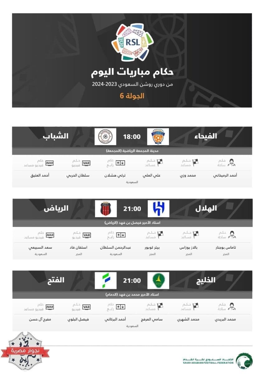 طاقم حكام مباريات اليوم الثاني في الجولة السادسة من دوري روشن السعودي للمحترفين موسم 2023_2024 (مصدر الصورة. حساب اتحاد الكرة على تويتر)