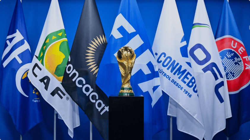 صورة تجمع أعلام جميع اتحادات السبع قارات لكرة القدم، يتوسطهم كأس العالم لكرة القدم - مصدر الصورة: موقع الفيفا الرسمي.