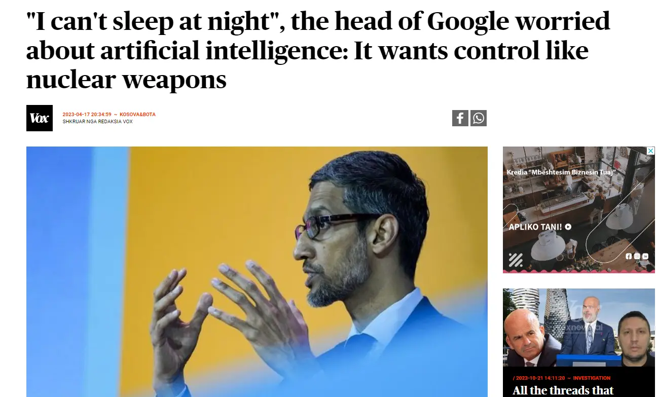 تصريح الرئيس التنفيذي لجوجل عن مخاوفه بشأن خطر الذكاء الاصطناعي