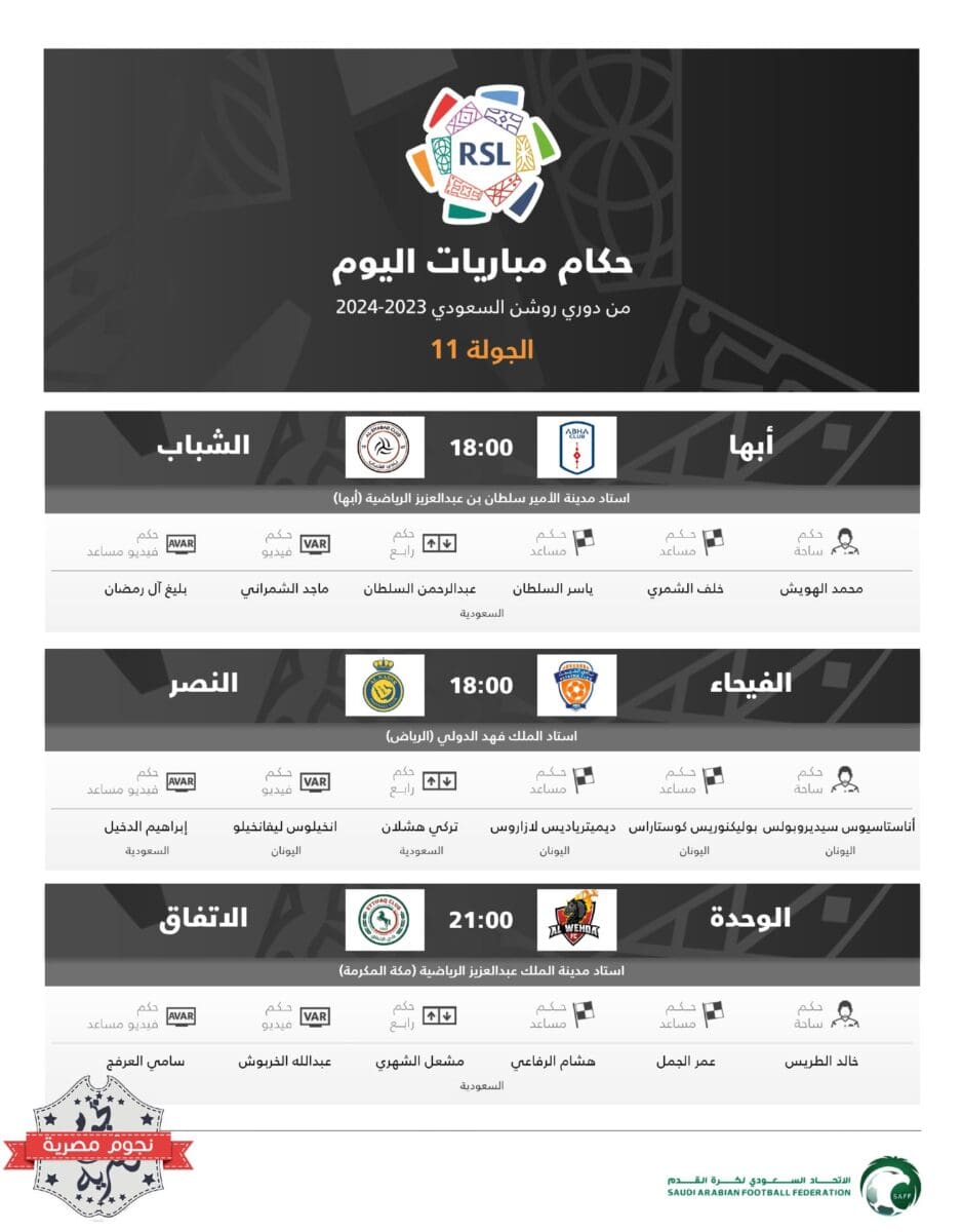 حكام مواجهات اليوم الثالث والأخير من الجولة 11 في الدوري السعودي (المصدر. متداول في تويتر)