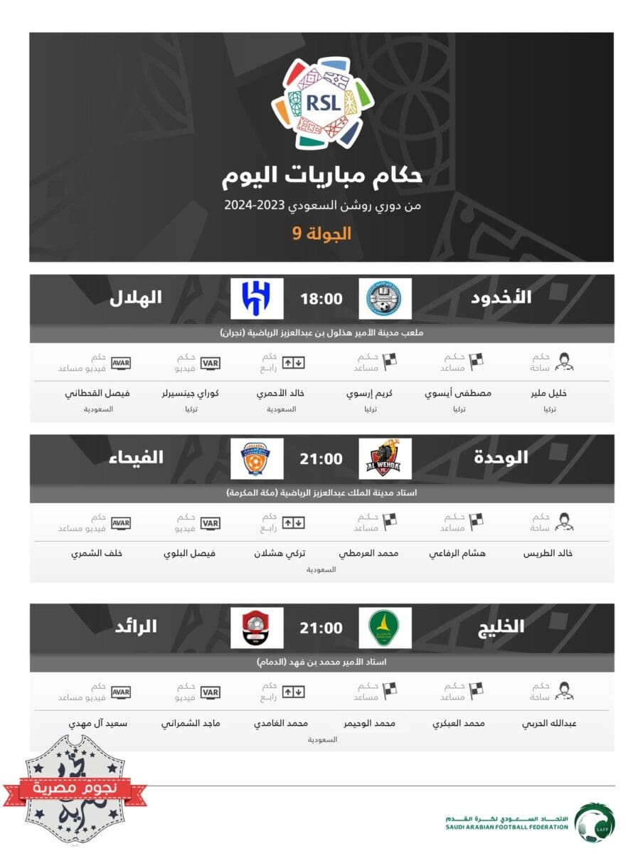 طاقم حكام مباريات اليوم الأخير (السبت) بالجولة 9 من الدوري السعودي (المصدر. اتحاد الكرة)