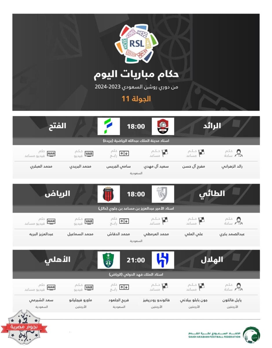 طاقم حكام مباريات اليوم الثاني (الجمعة) بالجولة 11 في دوري روشن السعودي (المصدر. متداول في تويتر)
