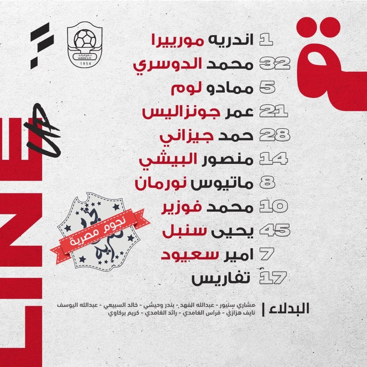 قائمة الرائد ضد الفتح في الدوري السعودي (المصدر. حساب رائد التحدي موقع إكس)