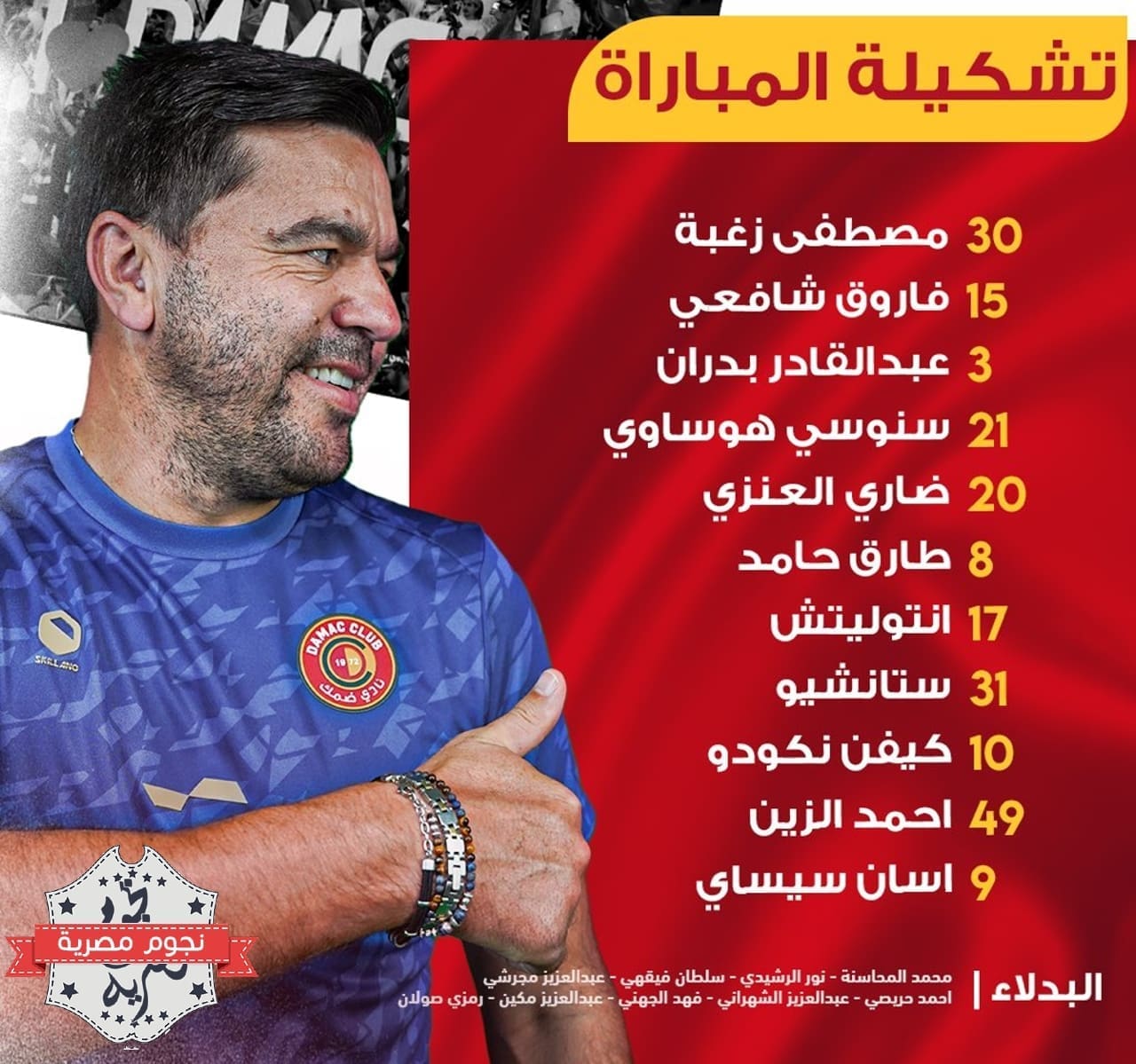 قائمة ضمك ضد النصر في الدوري السعودي (المصدر. حساب فارس الجنوب موقع إكس)