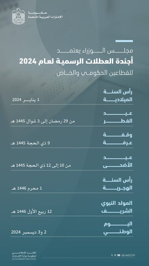 مجلس الوزراء الإماراتي يعتمد أجندة العطلات الرسمية للقطاعين الحكومي والخاص في الدولة لعام 2024م